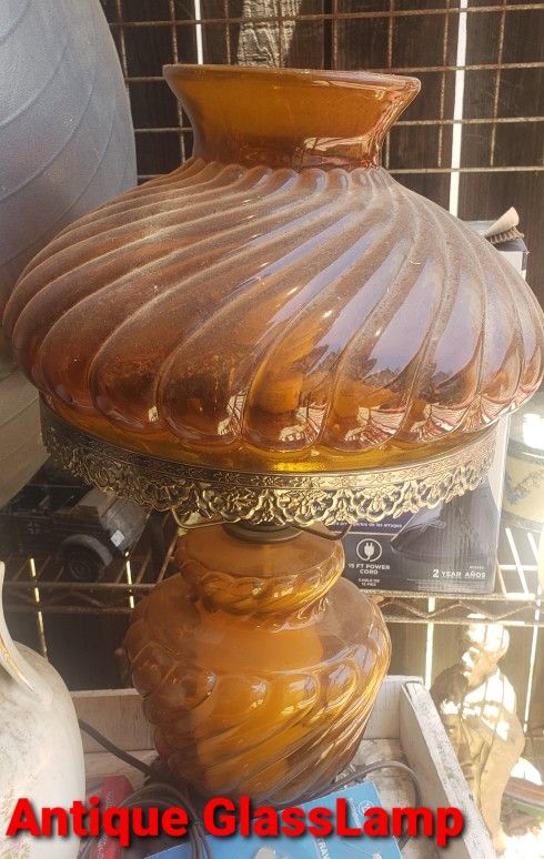 Vintage Amber Glass Antique Ornate Hurricane Lamp