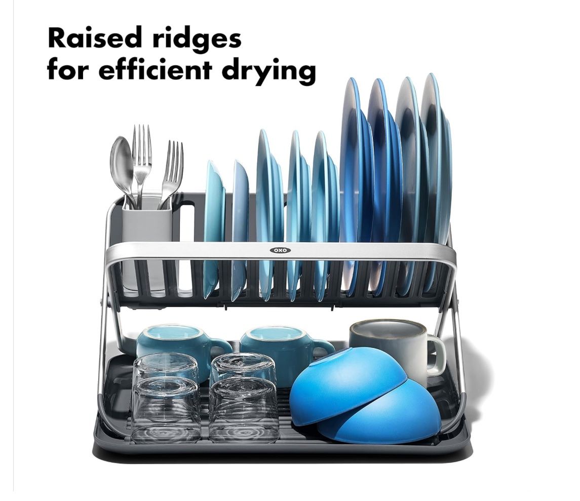 OXO Good Grips Aluminum Fold Flat Dish Drying Rack, 2-Tier, with Drainboard, for Kitchen Counter, Collapsible