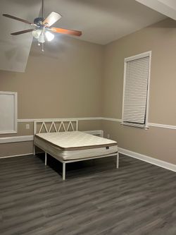 Full bed frame, mattress and nightstands