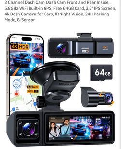 3 Channel Dash Cam with GPS, WiFi, 64GB Card, 3.2" IPS Screen