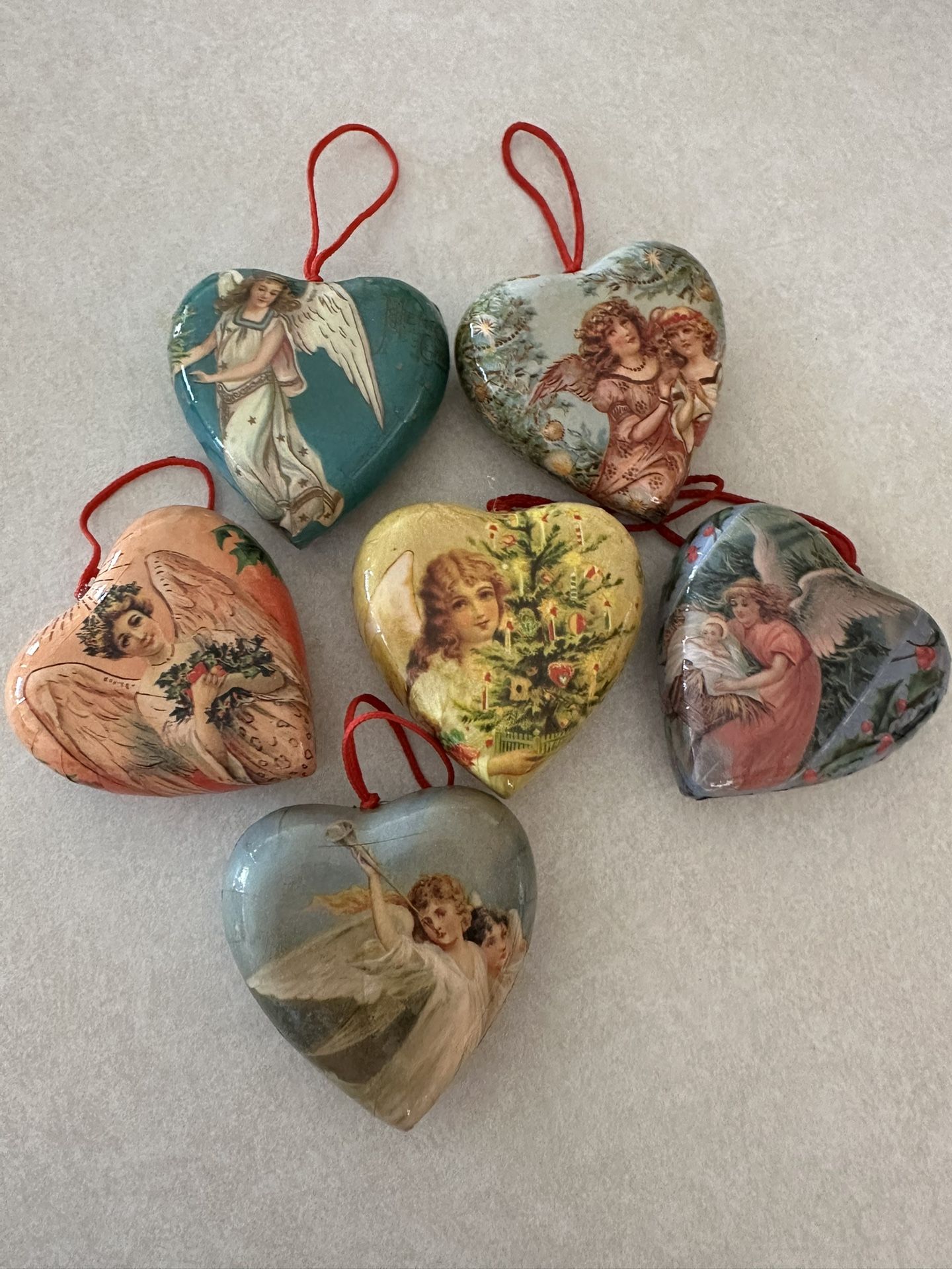6 Christmas Tree Victorian Heart Ornaments In Box