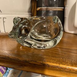 Vintage Indiana Glass Sleeping Cat Crystal Votive Tea Lite Candle Holder W/ Label #4458