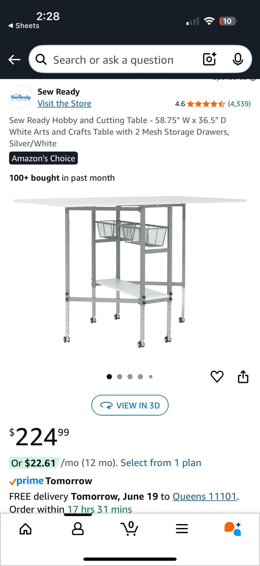 Sew Ready Hobby and Cutting Table - 58.75" W x 36.5" D White Arts and Crafts Table with 2 Mesh Storage Drawers
