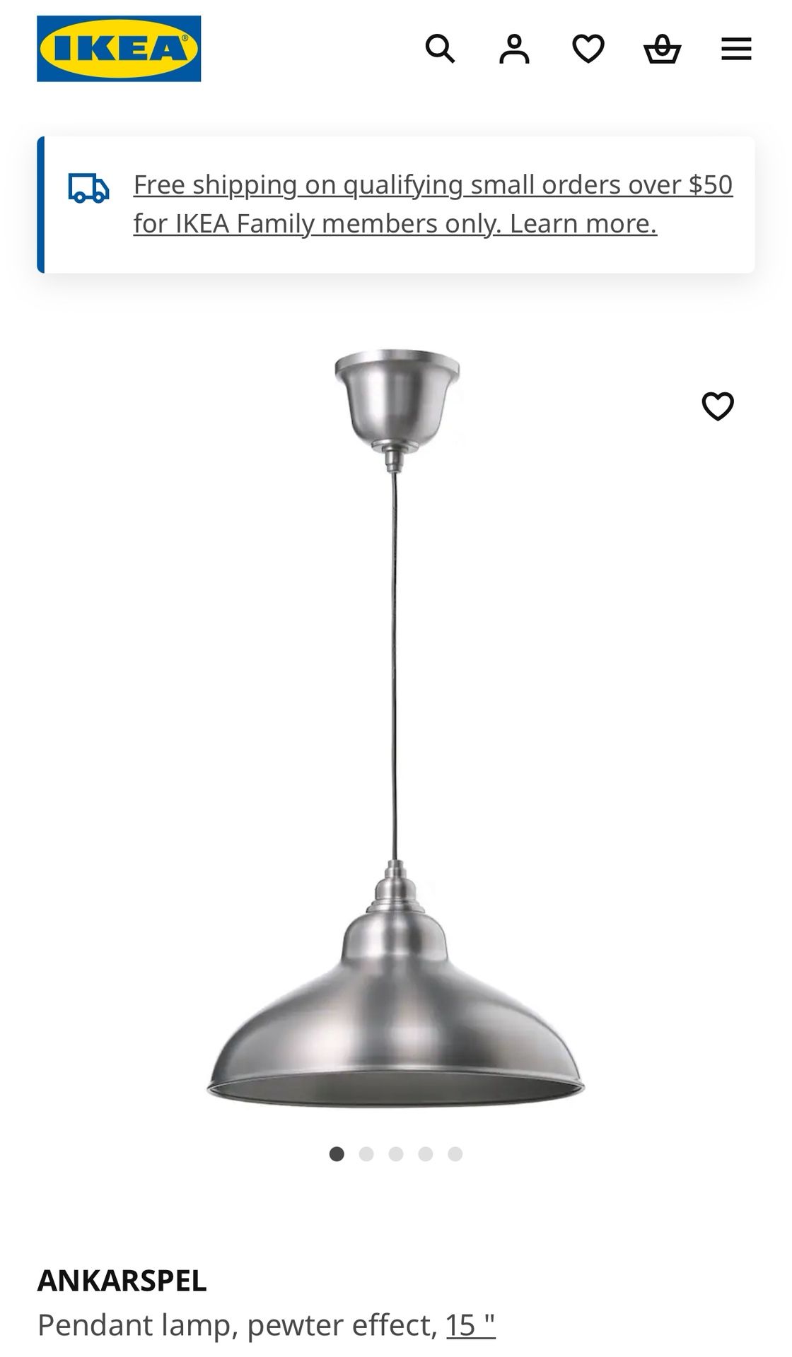 NEW IN BOX! IKEA ANKARSPEL Pendant lamp, pewter, 15 "