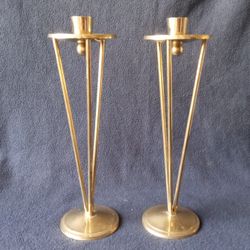 VINTAGE PAIR SOLID BRASS CANDLESTICK HOLDERS MCM DUTCH ART DECO Geometric Design 