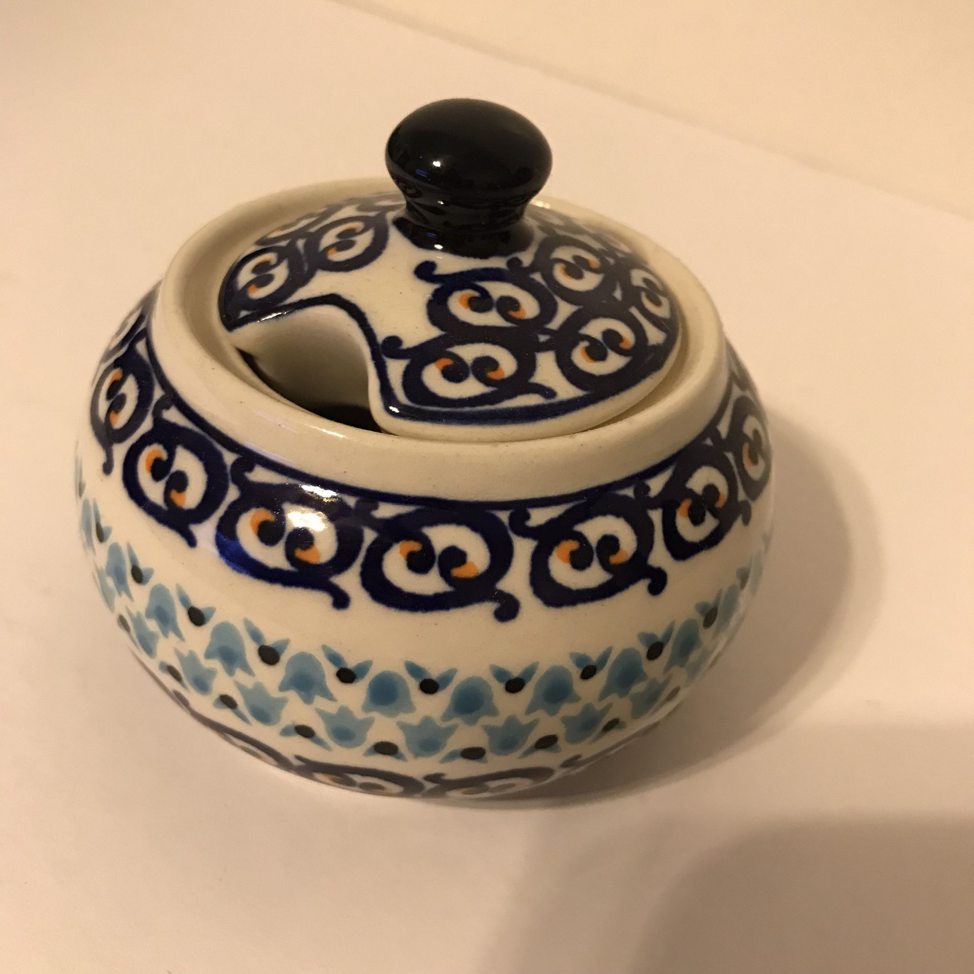 Vintage Boleslawiec Polish Sugar Bowl with Lid #977 Hand Made in Poland