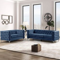 Modern 2 Pieces of Loveseat and Sofa Couch Set with Dutch Velvet Blue, Iron Legs