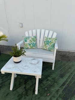 Wooden outdoor bench and side table