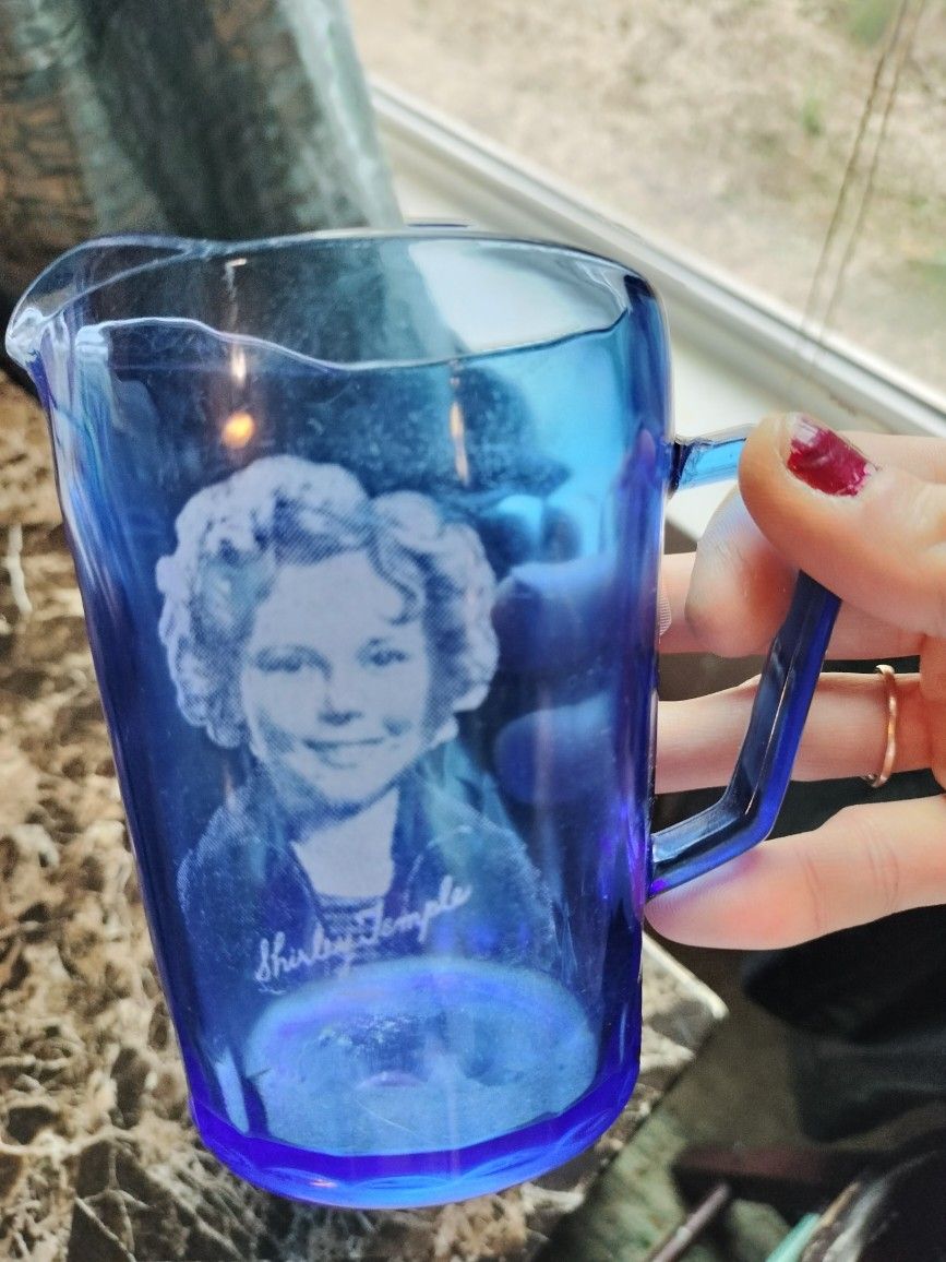 Shirley Temple Cobalt Blue Glass 3 Pitchers, 1 Cup