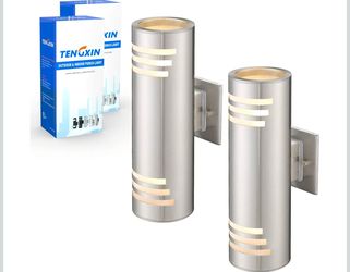 TENGXIN 2 Pack Outdoor Wall Light,Up Down Modern Outdoor Wall Sconce with Stainless Steel Cylinder,Brushed Nickel Exterior Lighting Fixtures