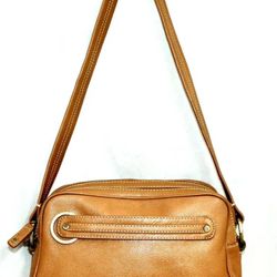COLE HAAN Tan Pebbled Leather Double Zip Shoulder Bag w/ Front Zip Pocket Vintage
