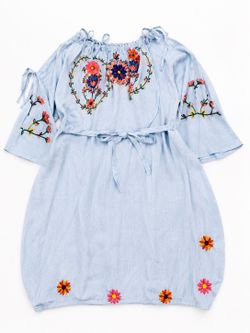 & Theodore Woman 1X Blue 100% Linen Embroidered Off Shoulder Boho Dress