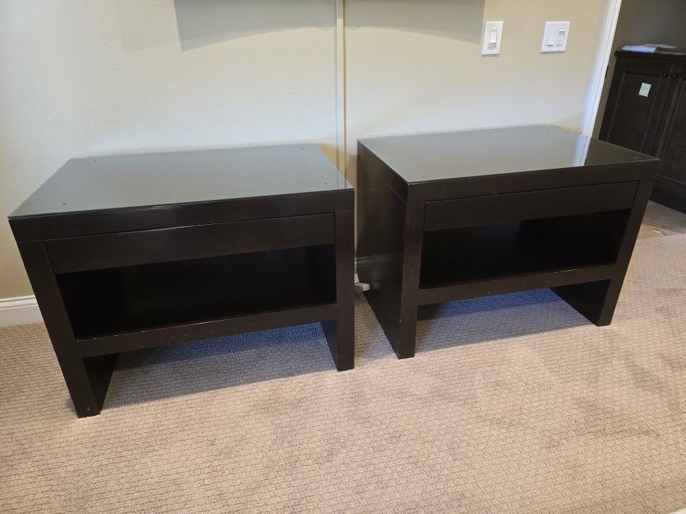 Wood Espresso Colored Glass Top Nightstands Bedside End Tables