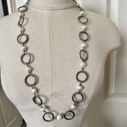 Silver tone  authentic pearl  link necklace