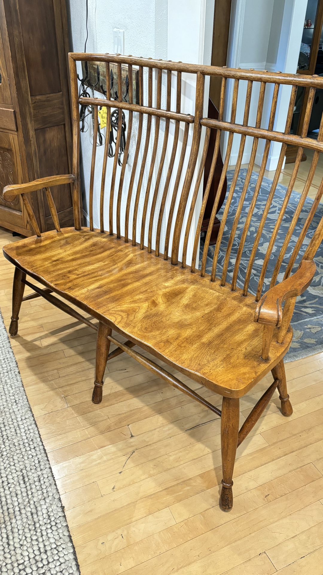 Vintage Spindle Back, Rod Back/Birdcage Windsor Butternut Settee Bench 45"