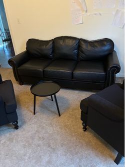 3 seater black leather couch, 2 black arm chairs