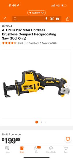DEWALT ATOMIC 20V MAX Cordless Brushless Compact Reciprocating Saw (Tool Only)