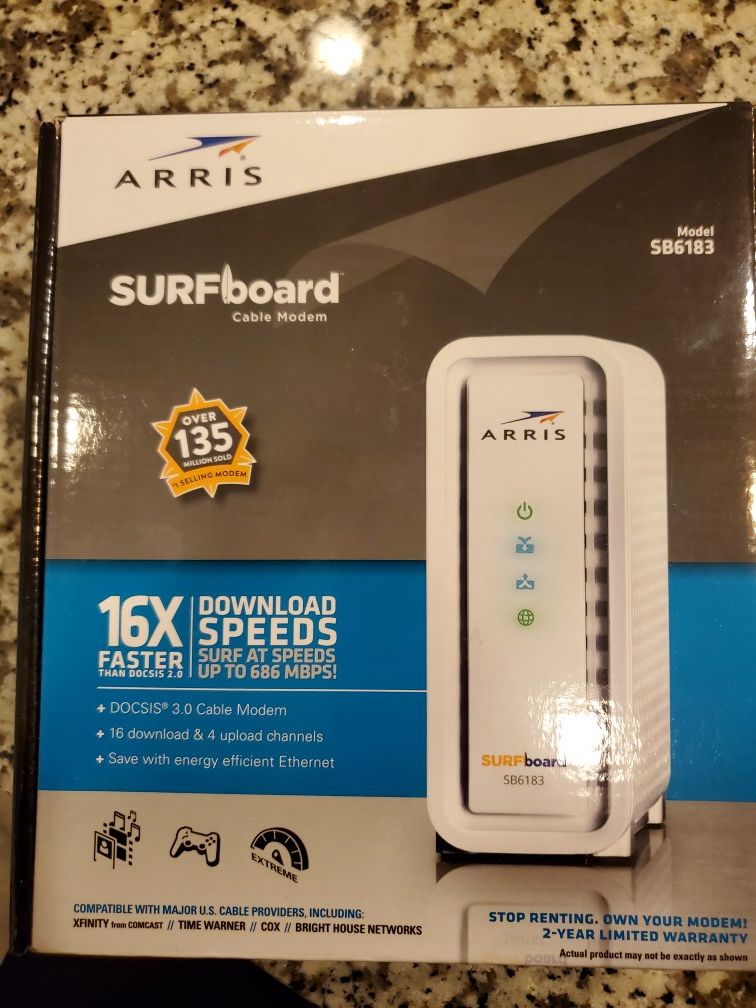 ARRIS Surfboard (16x4) DOCSIS 3.0 Cable Modem, 686 Mbps Max Speed, Certified for Comcast Xfinity, Spectrum, Cox, Cablevision & More (SB6183 White )