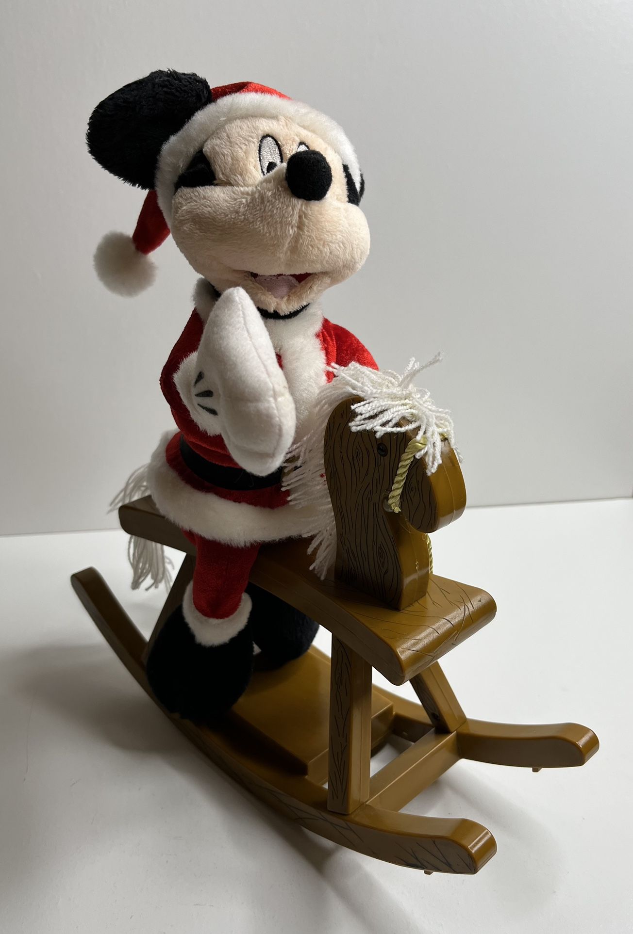 Vintage Disney Singing Mickey Mouse Santa on Rocking Horse Christmas Plush 12"