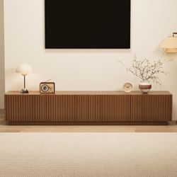 E956 $240  86.61" Mid-Century Modern TV Stand for TVs up to 85", Walnut Entertainment Console with Large Storage, Sturdy Media Cabinet for Living Room