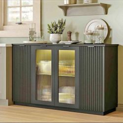 Modern 55" Buffet Cabinet w/ LED Lights | Fluted Glass Doors | Black