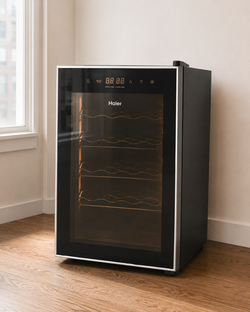 Haier 18-Bottle Dual-Zone Wine Cooler – Black Glass Door