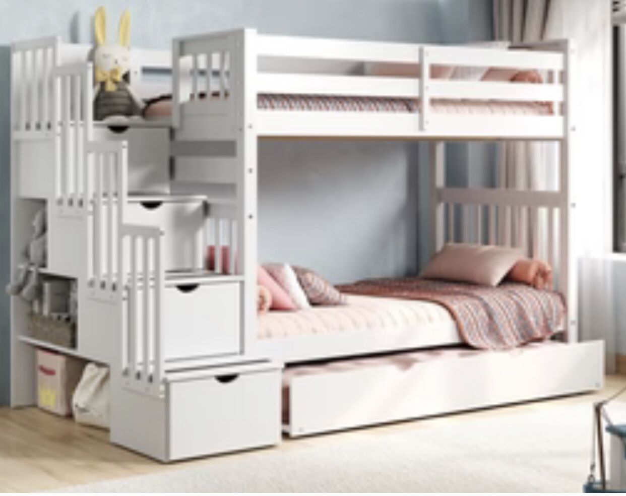 Bunk Bed Twin over Twin- Like New with 3rd Bed Drawer & Mattresses included