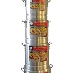 Tamale Steamer Vaporera Stock Pot Aluminum Tamale/Steamer 1 Set of 52 quart + 40 quart +32 quart + 24 quart +20 quart with steamer inserts and lids.