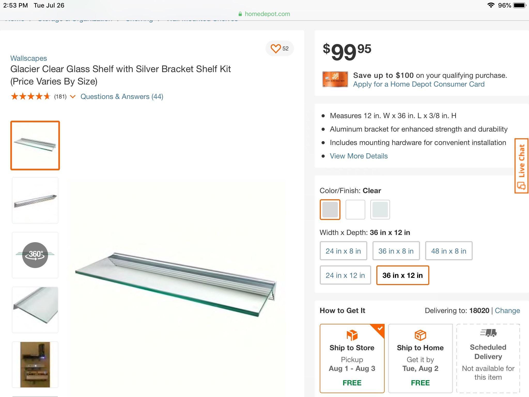 Glacier Clear Glass Shelf 36”x12”