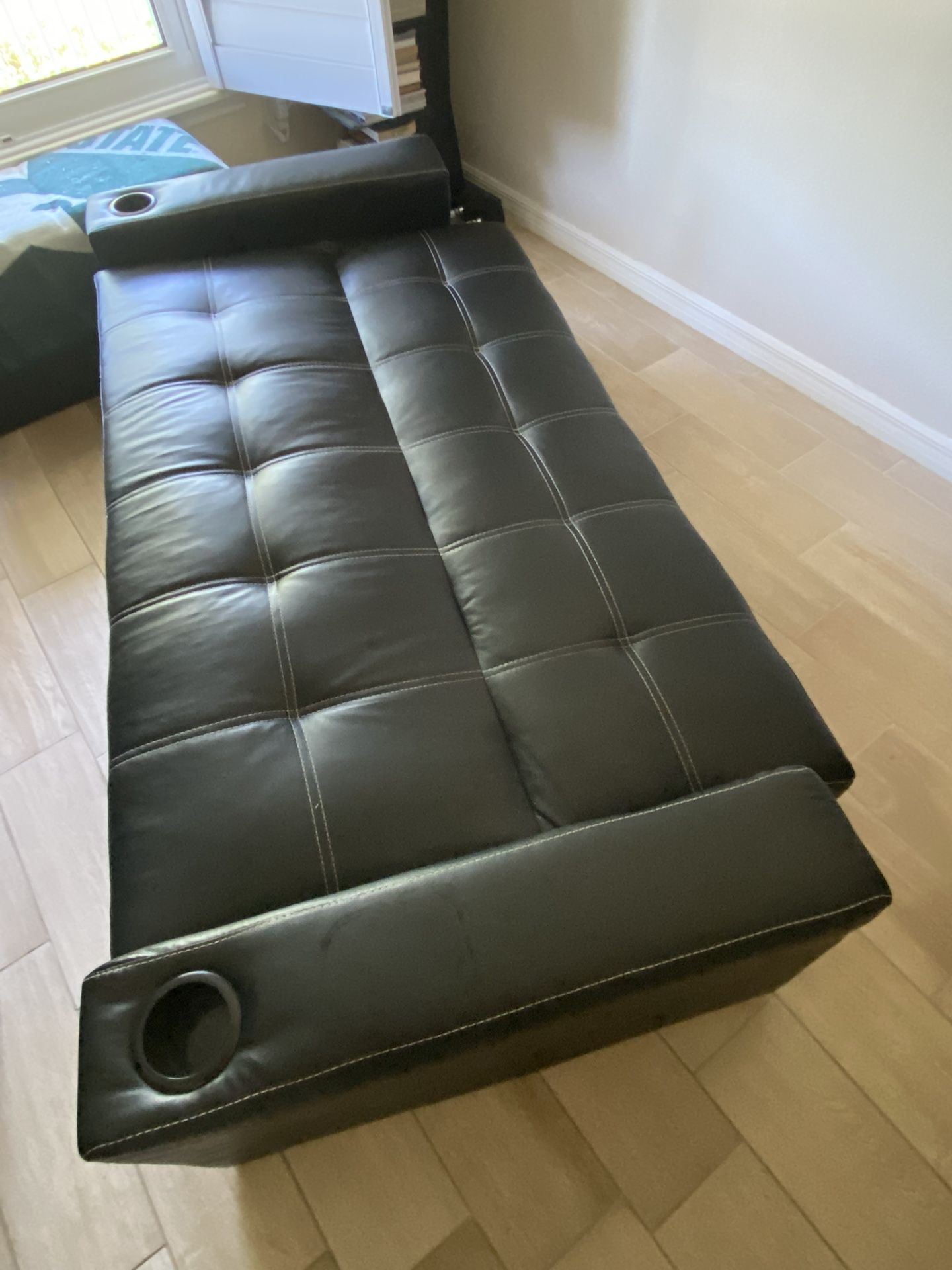 Black Faux Leather Futon with Cup Holders
