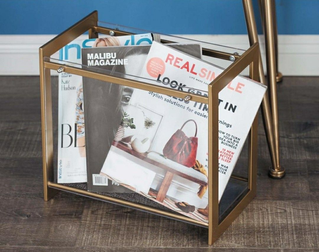 Magazine Rack MSRP$75 Gold Clear Acrylic Custom Contemporary Iron Holder Rectangular