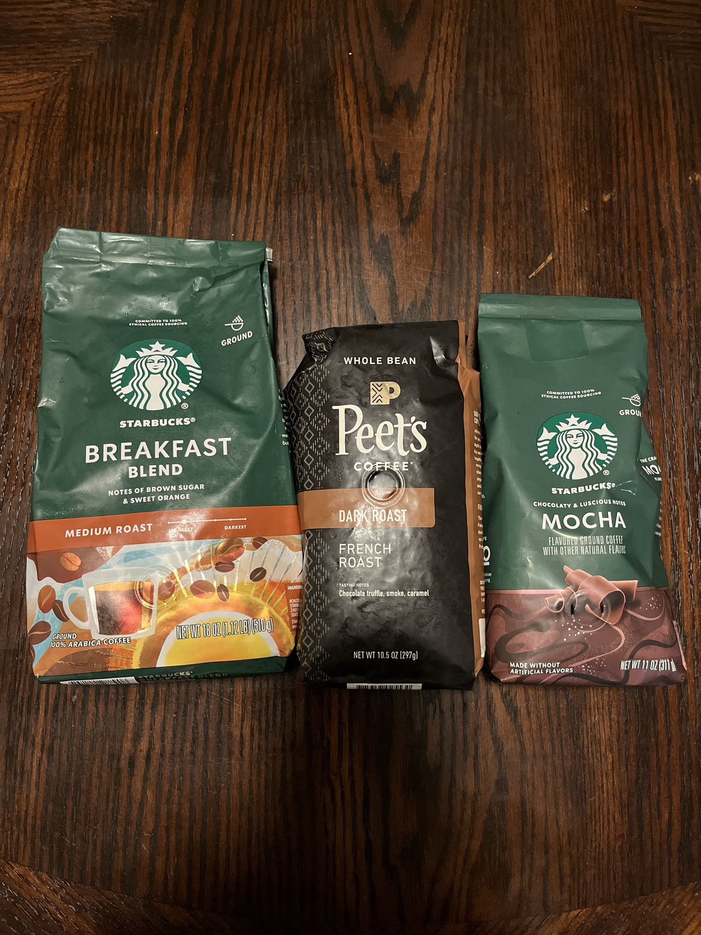 Starbucks Breakfast Blend 1.12lbs, Peets 10.5oz, Starbucks Mocha 11oz