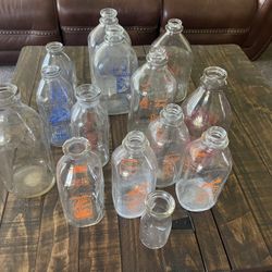 Vintage Farmhouse Milk Bottles And Few Water  Glass