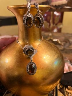 Antique hand made Vintage Smoky Quartz marksite Earrings ring and pendent with the chain brand new 925 Sterling Silver 18 grams