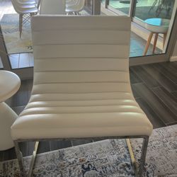 Pair of modern white leather lounge chairs with chrome bases — real leather, excellent condition, and super stylish! 26”W × 26”D × 29.75”H (seat 15”).