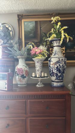 Blue and White Ceramic Vase with Gold Handles