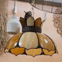 Vintage Amber and Cream Tiffany Style Slag Glass Tulip Hanging Pendant Lamp 18" Dia