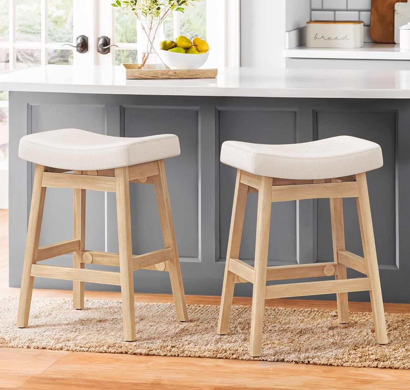 Bar Stools Set of 2, Barstools with Sturdy Wood Legs, Saddle Seat Counter Height Bar Stools for Kitchen Counter, Bar, Dining, 24 Inch Farmhouse Counte