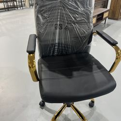 New Mid-Back Office Chair PU Leather Desk Chair Adjustable Executive Task Chair w/Lumber Support Gold Leg Black Seat