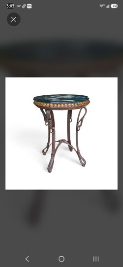 Vintage Rustic Round Accent Table – Thick Green Melted Glass & Wrought Iron Stand