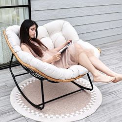 Outdoor Egg Rocking Chair, Indoor Papasan Rocking Chair with Thick Cushion, Modern Lounge Rocker for Balcony, Living Room, Bedroom, Porch, Lawn, Garde
