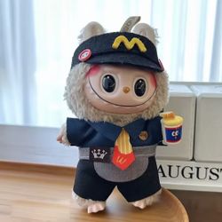 Labubu McDonalds outfit set: shirt, hat, pants, drink accessory