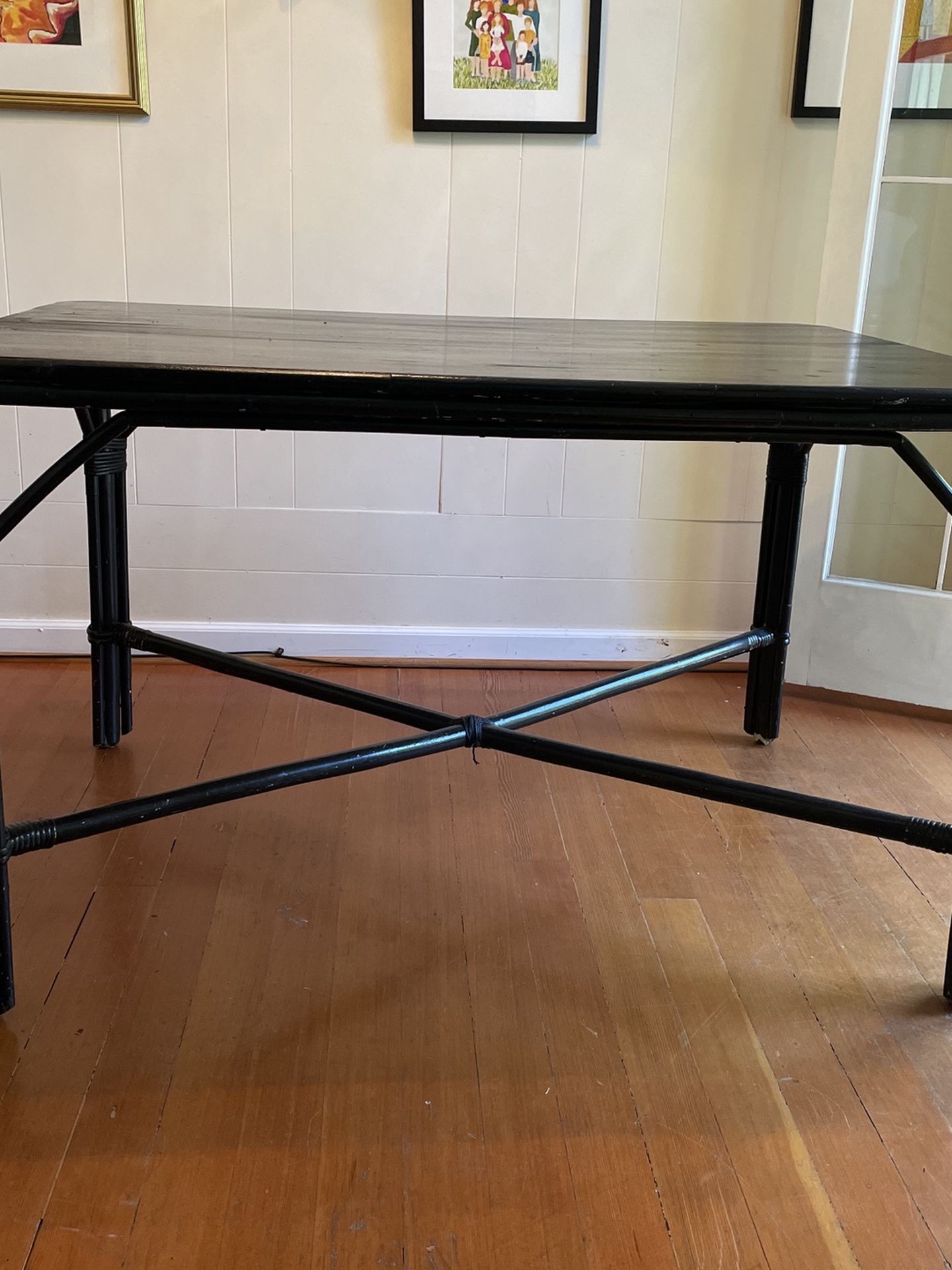 FOR SALE! 50’s black painted bamboo dining/kitchen table, seats 4-6, good condition 35w x 48l x 30h $60