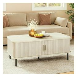 Coffee Table with Storage, 47.2" Century Modern Living Room Table - Rectangle Wood Center Table with Sliding Door & Adjustable Legs, Natural White