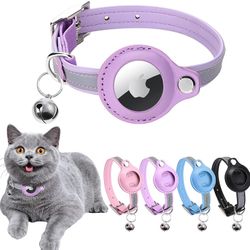 Airtag Cat Collar, Cat Collar with Bells, Reflective GPS Cat Collar, Anti-Lost Cat Tracker Collar Adjustable Leather Cat Collar for Boy Girl Cats or S