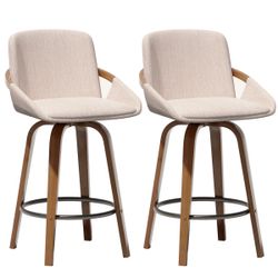26'' Counter Modern Upholstered 360° Swivel Bar Stools With Curved Backrest & Solid Wood Frame -Linen (Set of 6)