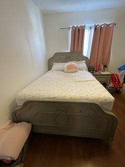 Gray Bow Bed Frame size Full And Dresser ( Mattress And Box Spring Not Included )