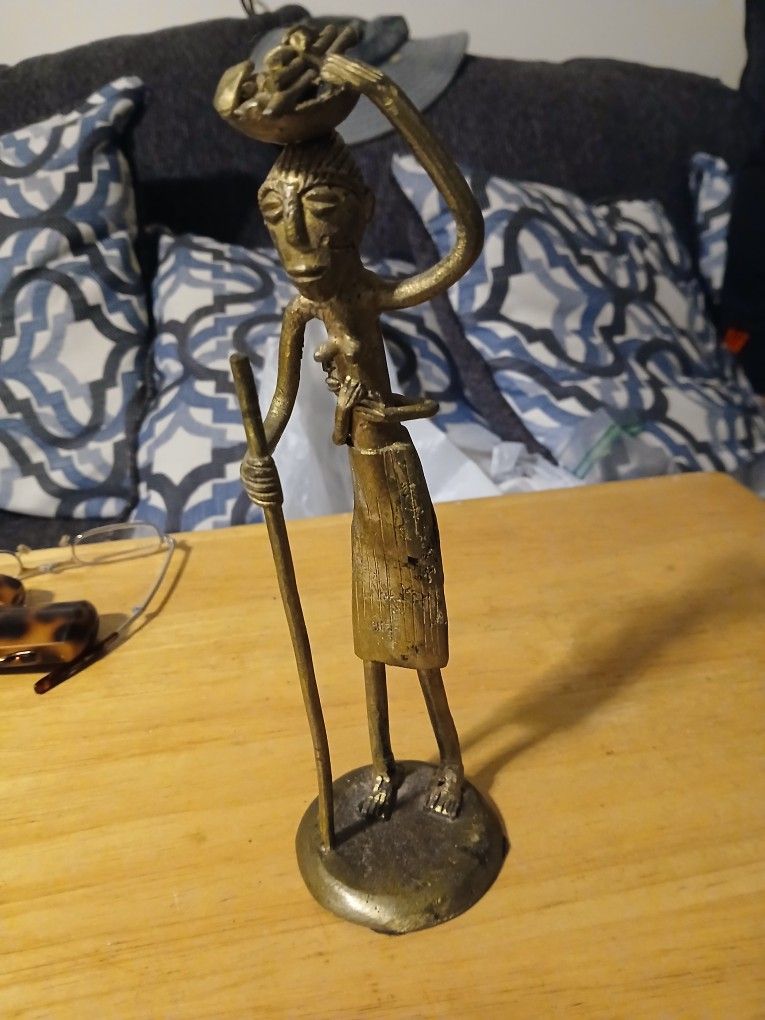 Brass African Mother Carrying Her Young Child 