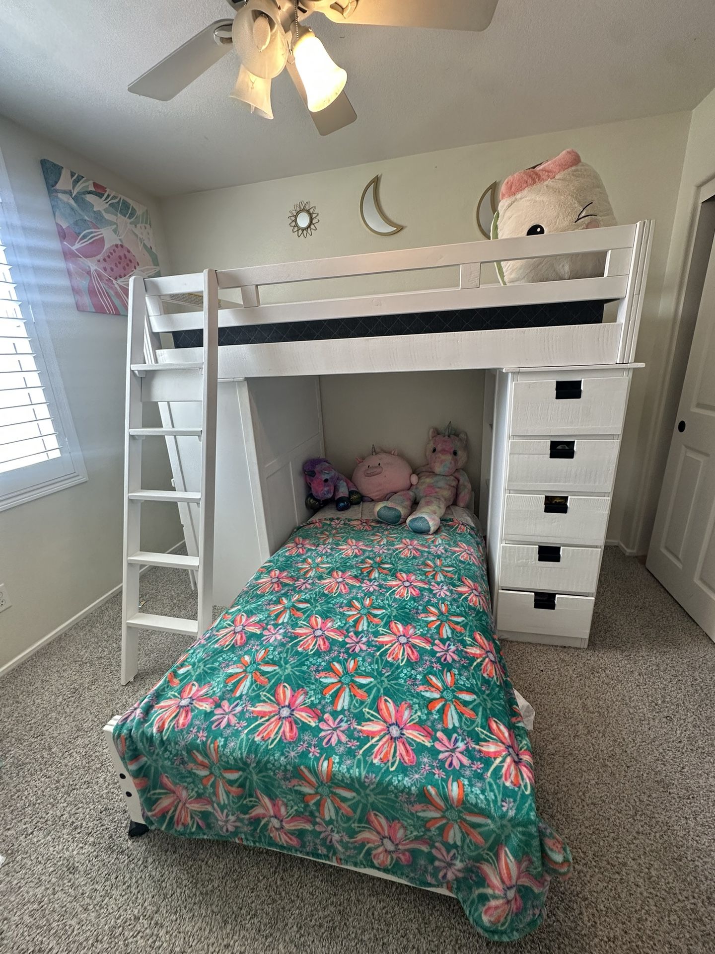 White Bunk bed With Desk Drawers And Shelves