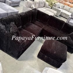 NEW Teddy Bear Fur like Modern Classic Black Fabric Corner Sectional Sofa and Ottoman Set Ashley style BIG COUCH SALE Discount Furniture Warehouse